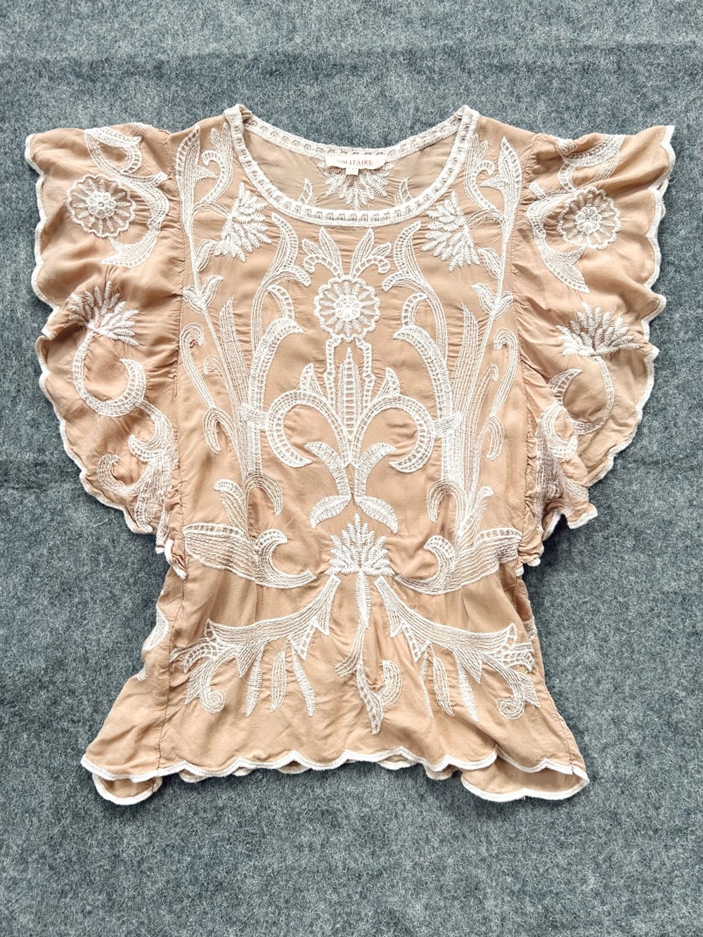 Solitaire Embroidered Flutter Sleeve Blouse - Beige Cream